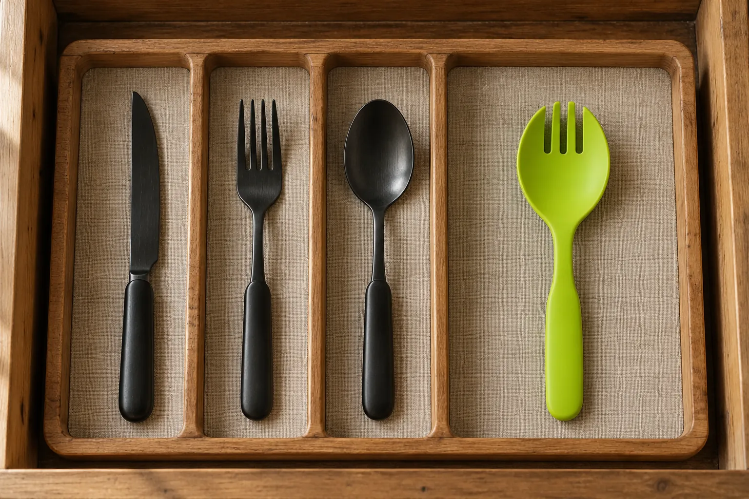Een houten besteklade met een zwart mes, een zwarte vork en een zwarte lepel, en in een breder vak een limegroene spork.