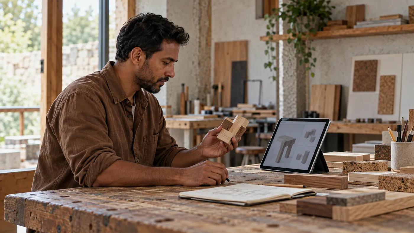 Een man bekijkt een houten verbinding in zijn hand, naast een tablet met een ontwerp van een krukje.